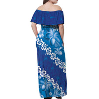 Vintage Blue Polynesia Off Shoulder Maxi Dress Plumeria With Hibiscus Tropical Vibes