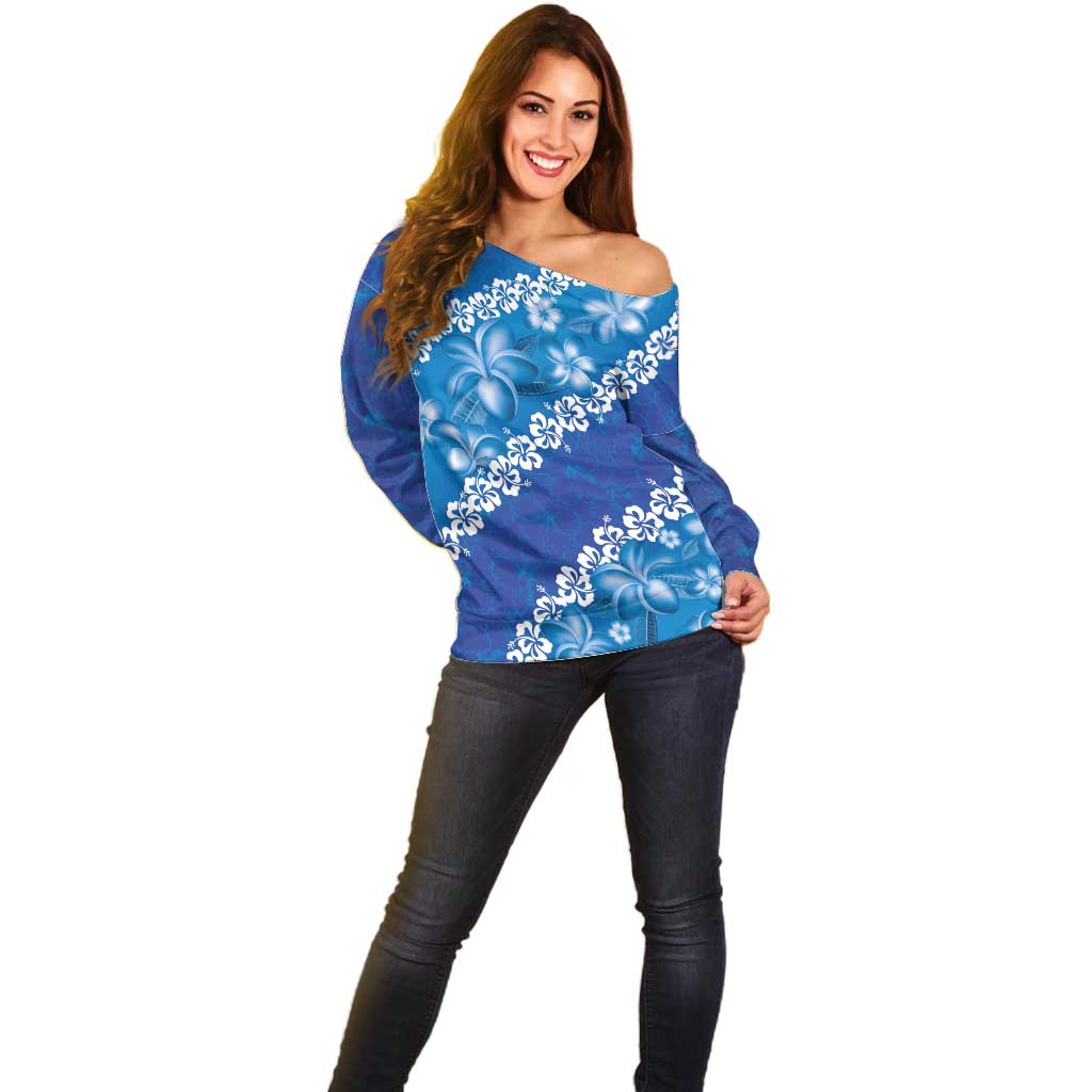 Vintage Blue Polynesia Off Shoulder Sweater Plumeria With Hibiscus Tropical Vibes
