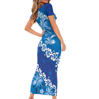 Vintage Blue Polynesia Short Sleeve Bodycon Dress Plumeria With Hibiscus Tropical Vibes