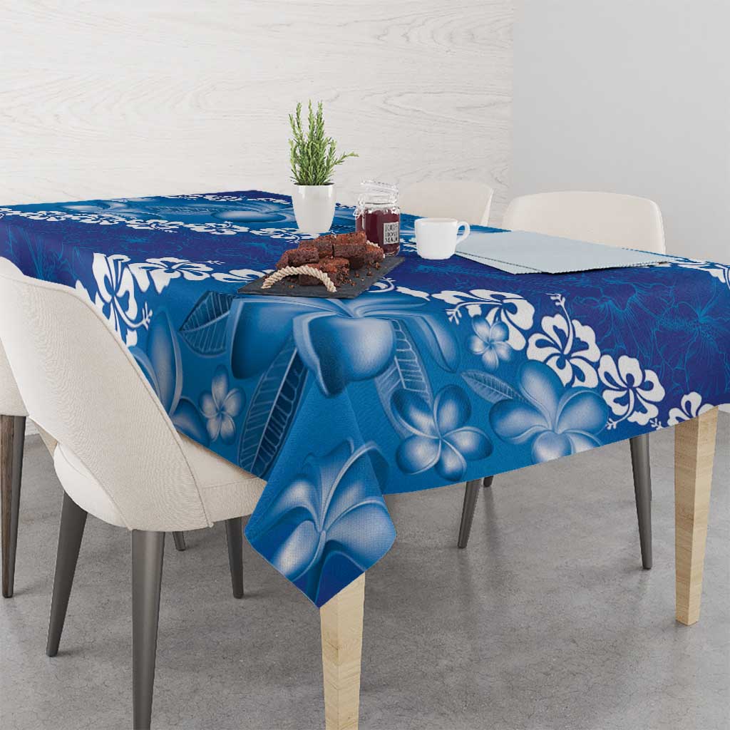 Vintage Blue Polynesia Tablecloth Plumeria With Hibiscus Tropical Vibes