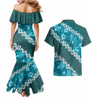 Vintage Dark Cyan Polynesia Couples Matching Mermaid Dress and Hawaiian Shirt Plumeria With Hibiscus Tropical Vibes LT14 - Polynesian Pride