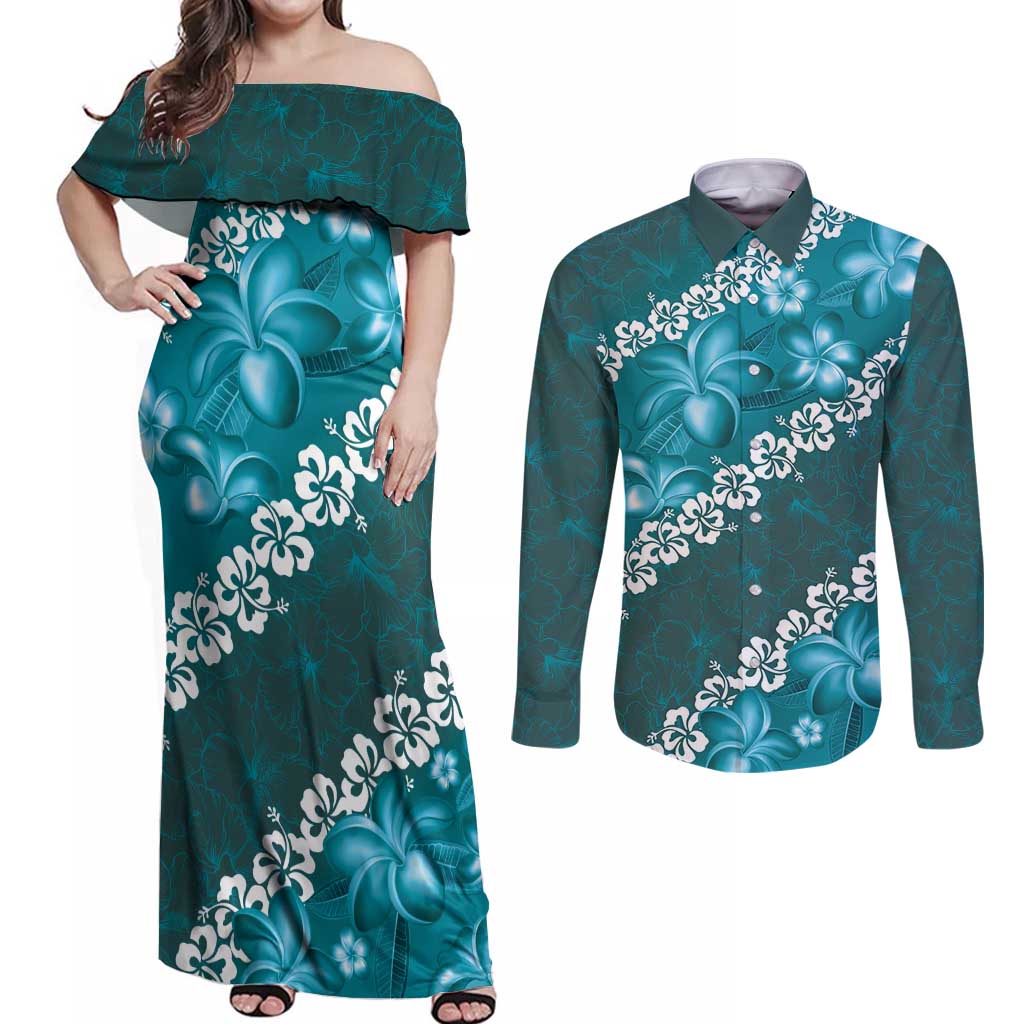 Vintage Dark Cyan Polynesia Couples Matching Off Shoulder Maxi Dress and Long Sleeve Button Shirt Plumeria With Hibiscus Tropical Vibes
