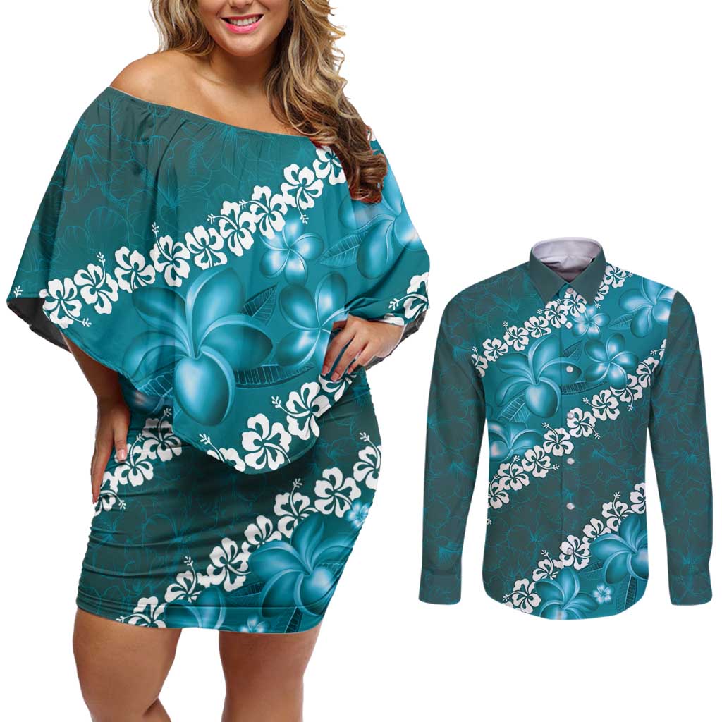 Vintage Dark Cyan Polynesia Couples Matching Off Shoulder Short Dress and Long Sleeve Button Shirt Plumeria With Hibiscus Tropical Vibes
