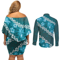 Vintage Dark Cyan Polynesia Couples Matching Off Shoulder Short Dress and Long Sleeve Button Shirt Plumeria With Hibiscus Tropical Vibes