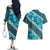 Vintage Dark Cyan Polynesia Couples Matching Off The Shoulder Long Sleeve Dress and Hawaiian Shirt Plumeria With Hibiscus Tropical Vibes