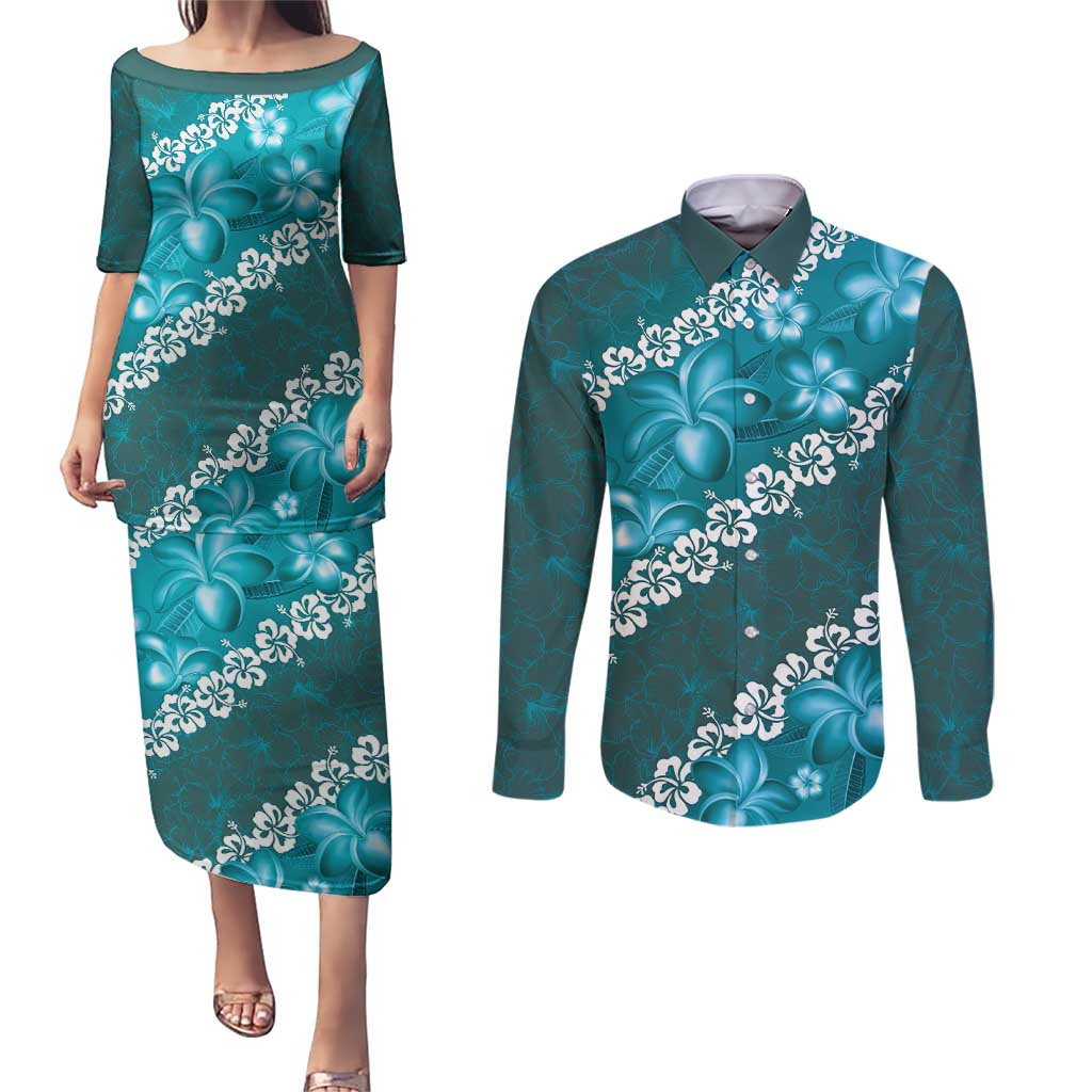 Vintage Dark Cyan Polynesia Couples Matching Puletasi and Long Sleeve Button Shirt Plumeria With Hibiscus Tropical Vibes