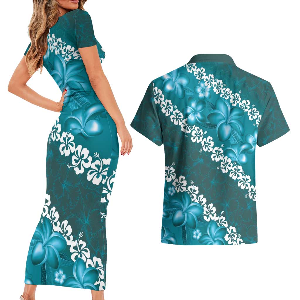 Vintage Dark Cyan Polynesia Couples Matching Short Sleeve Bodycon Dress and Hawaiian Shirt Plumeria With Hibiscus Tropical Vibes LT14 - Polynesian Pride