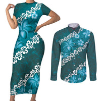 Vintage Dark Cyan Polynesia Couples Matching Short Sleeve Bodycon Dress and Long Sleeve Button Shirt Plumeria With Hibiscus Tropical Vibes