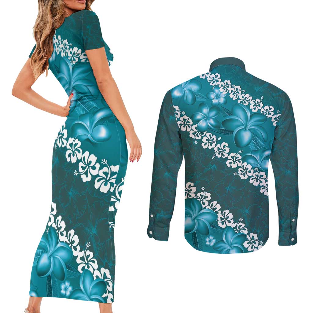 Vintage Dark Cyan Polynesia Couples Matching Short Sleeve Bodycon Dress and Long Sleeve Button Shirt Plumeria With Hibiscus Tropical Vibes