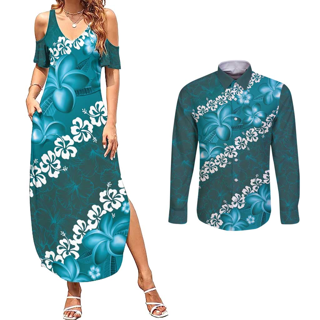 Vintage Dark Cyan Polynesia Couples Matching Summer Maxi Dress and Long Sleeve Button Shirt Plumeria With Hibiscus Tropical Vibes