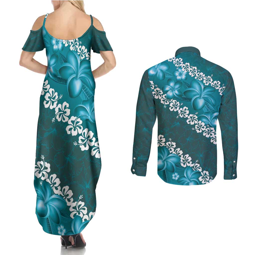 Vintage Dark Cyan Polynesia Couples Matching Summer Maxi Dress and Long Sleeve Button Shirt Plumeria With Hibiscus Tropical Vibes