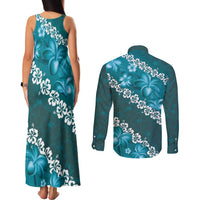 Vintage Dark Cyan Polynesia Couples Matching Tank Maxi Dress and Long Sleeve Button Shirt Plumeria With Hibiscus Tropical Vibes