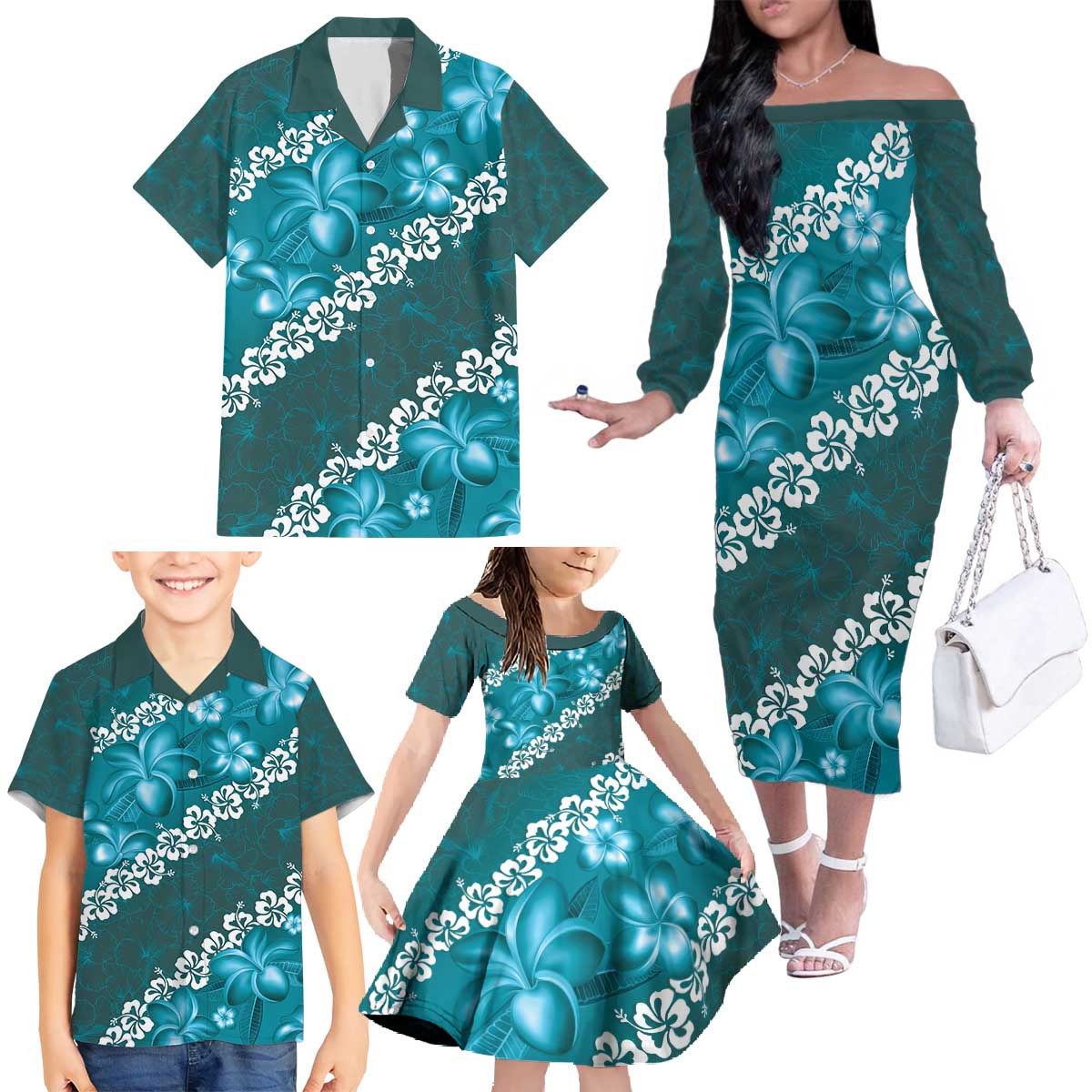 Vintage Dark Cyan Polynesia Family Matching Off The Shoulder Long Sleeve Dress and Hawaiian Shirt Plumeria With Hibiscus Tropical Vibes LT14 - Polynesian Pride