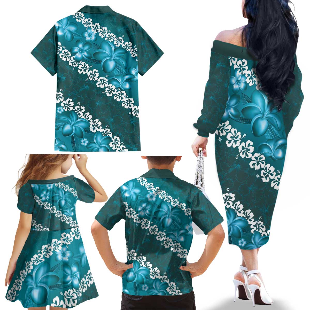 Vintage Dark Cyan Polynesia Family Matching Off The Shoulder Long Sleeve Dress and Hawaiian Shirt Plumeria With Hibiscus Tropical Vibes LT14 - Polynesian Pride