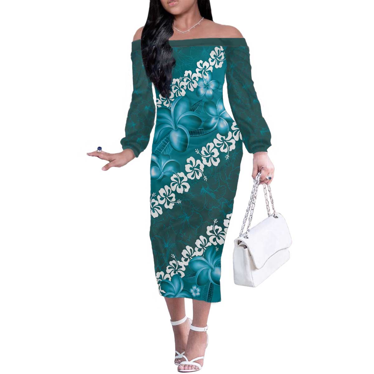 Vintage Dark Cyan Polynesia Family Matching Off The Shoulder Long Sleeve Dress and Hawaiian Shirt Plumeria With Hibiscus Tropical Vibes LT14 Mom's Dress Dark Cyan - Polynesian Pride
