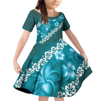 Vintage Dark Cyan Polynesia Family Matching Off Shoulder Short Dress and Hawaiian Shirt Plumeria With Hibiscus Tropical Vibes LT14 Daughter's Dress Dark Cyan - Polynesian Pride