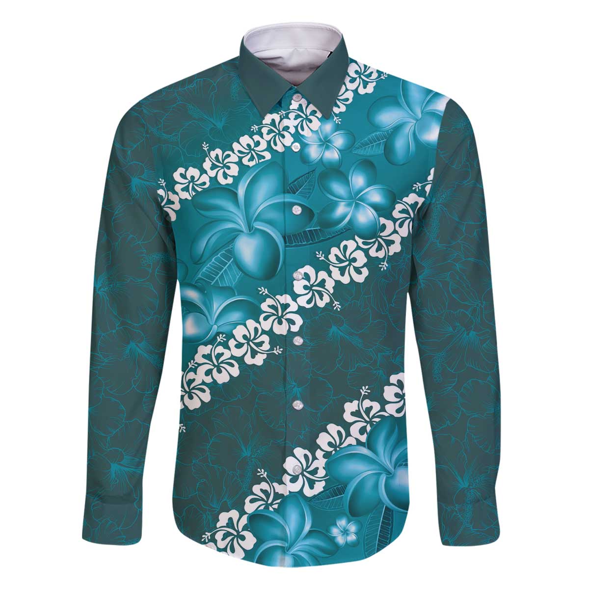 Vintage Dark Cyan Polynesia Family Matching Off Shoulder Short Dress and Hawaiian Shirt Plumeria With Hibiscus Tropical Vibes LT14 Dad's Shirt - Long Sleeve Dark Cyan - Polynesian Pride