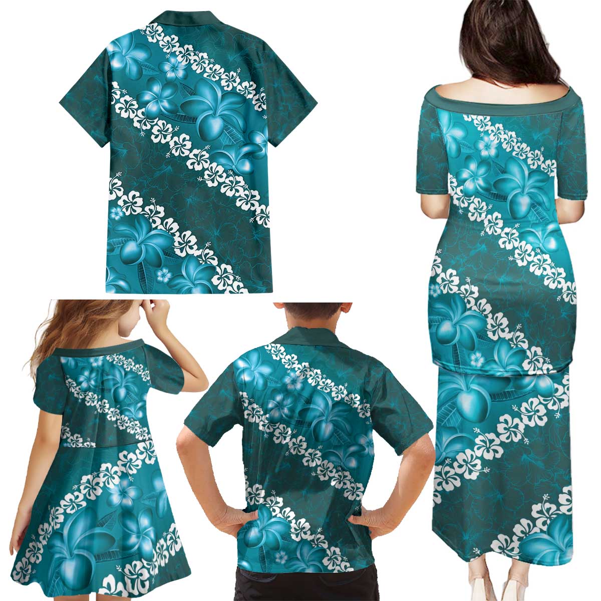 Vintage Dark Cyan Polynesia Family Matching Puletasi and Hawaiian Shirt Plumeria With Hibiscus Tropical Vibes LT14 - Polynesian Pride