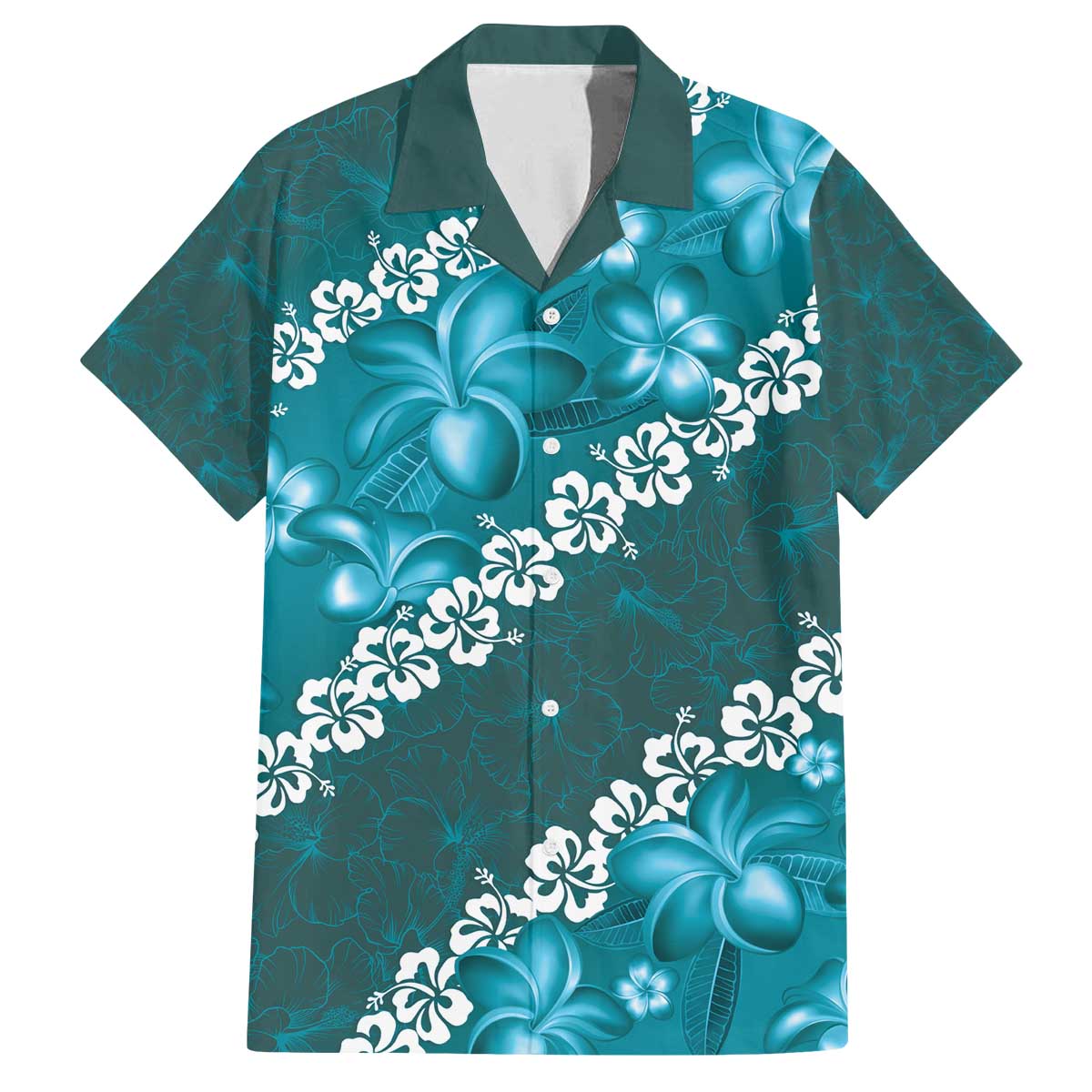Vintage Dark Cyan Polynesia Family Matching Puletasi and Hawaiian Shirt Plumeria With Hibiscus Tropical Vibes LT14 Dad's Shirt - Short Sleeve Dark Cyan - Polynesian Pride