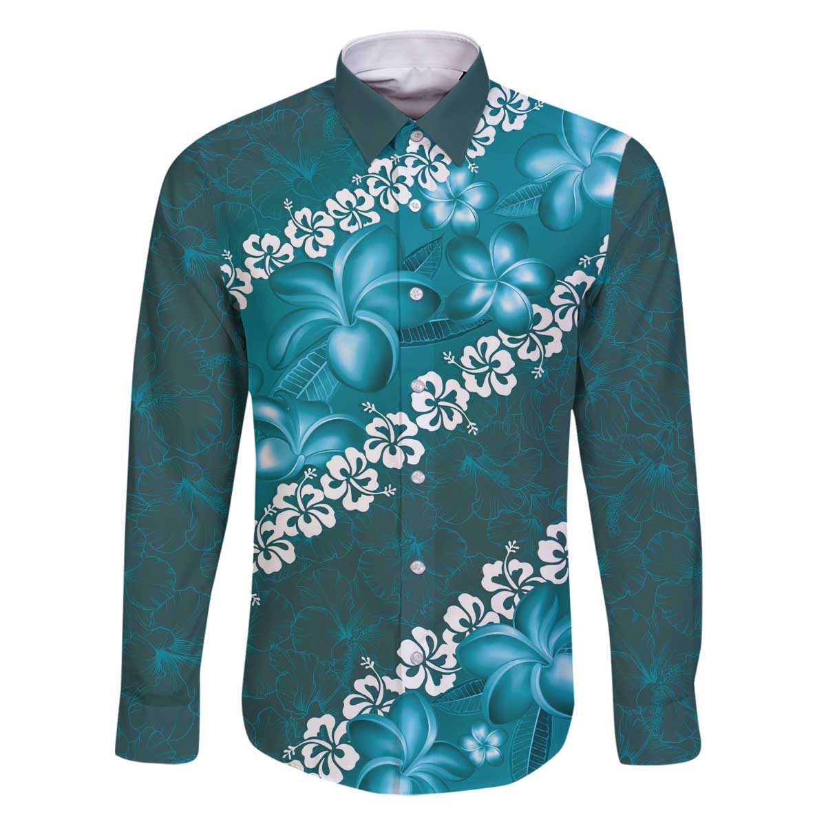 Vintage Dark Cyan Polynesia Family Matching Puletasi and Hawaiian Shirt Plumeria With Hibiscus Tropical Vibes LT14 Dad's Shirt - Long Sleeve Dark Cyan - Polynesian Pride