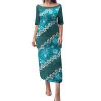 Vintage Dark Cyan Polynesia Family Matching Puletasi and Hawaiian Shirt Plumeria With Hibiscus Tropical Vibes LT14 Mom's Dress Dark Cyan - Polynesian Pride