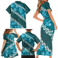 Vintage Dark Cyan Polynesia Family Matching Short Sleeve Bodycon Dress and Hawaiian Shirt Plumeria With Hibiscus Tropical Vibes