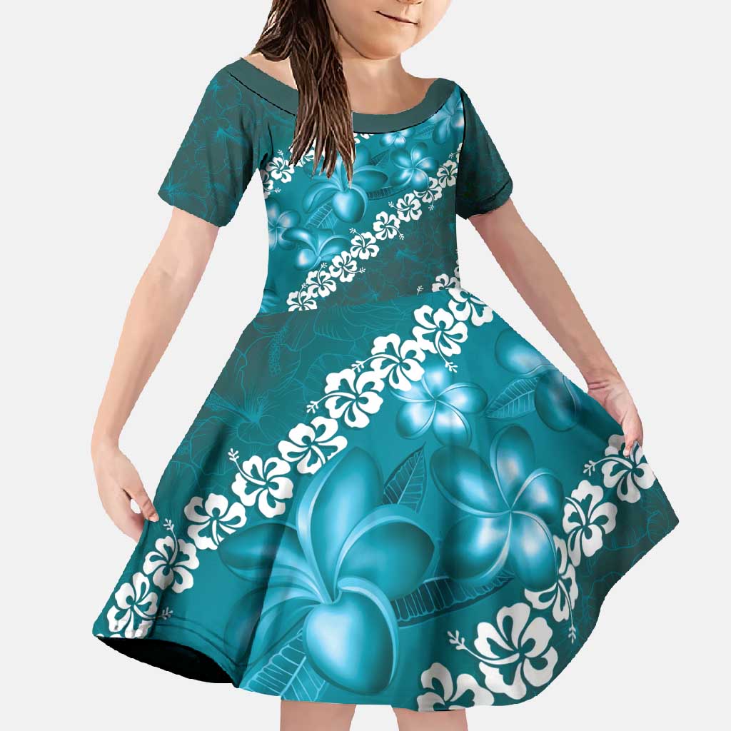 Vintage Dark Cyan Polynesia Family Matching Tank Maxi Dress and Hawaiian Shirt Plumeria With Hibiscus Tropical Vibes LT14 Daughter's Dress Dark Cyan - Polynesian Pride