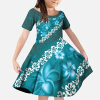 Vintage Dark Cyan Polynesia Family Matching Tank Maxi Dress and Hawaiian Shirt Plumeria With Hibiscus Tropical Vibes LT14 Daughter's Dress Dark Cyan - Polynesian Pride