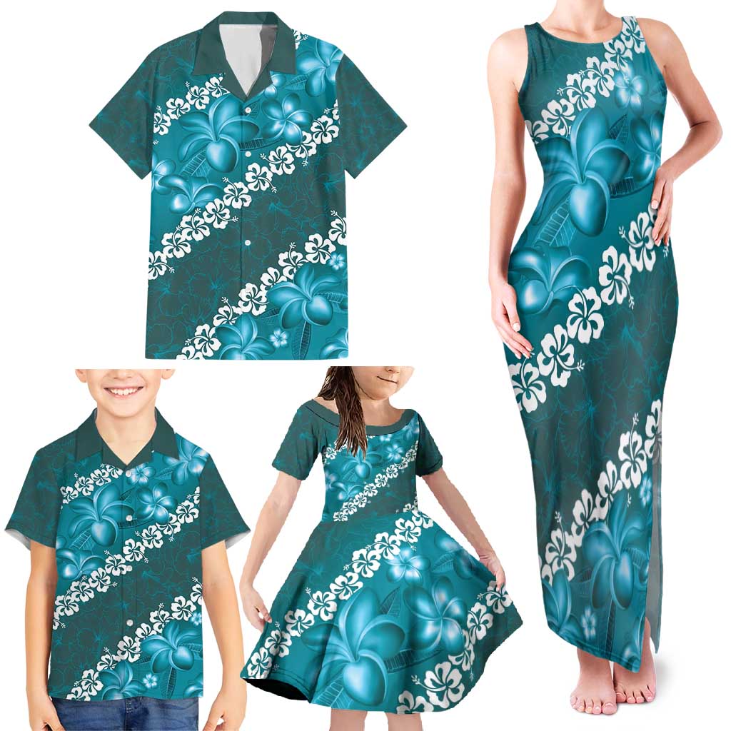 Vintage Dark Cyan Polynesia Family Matching Tank Maxi Dress and Hawaiian Shirt Plumeria With Hibiscus Tropical Vibes LT14 - Polynesian Pride