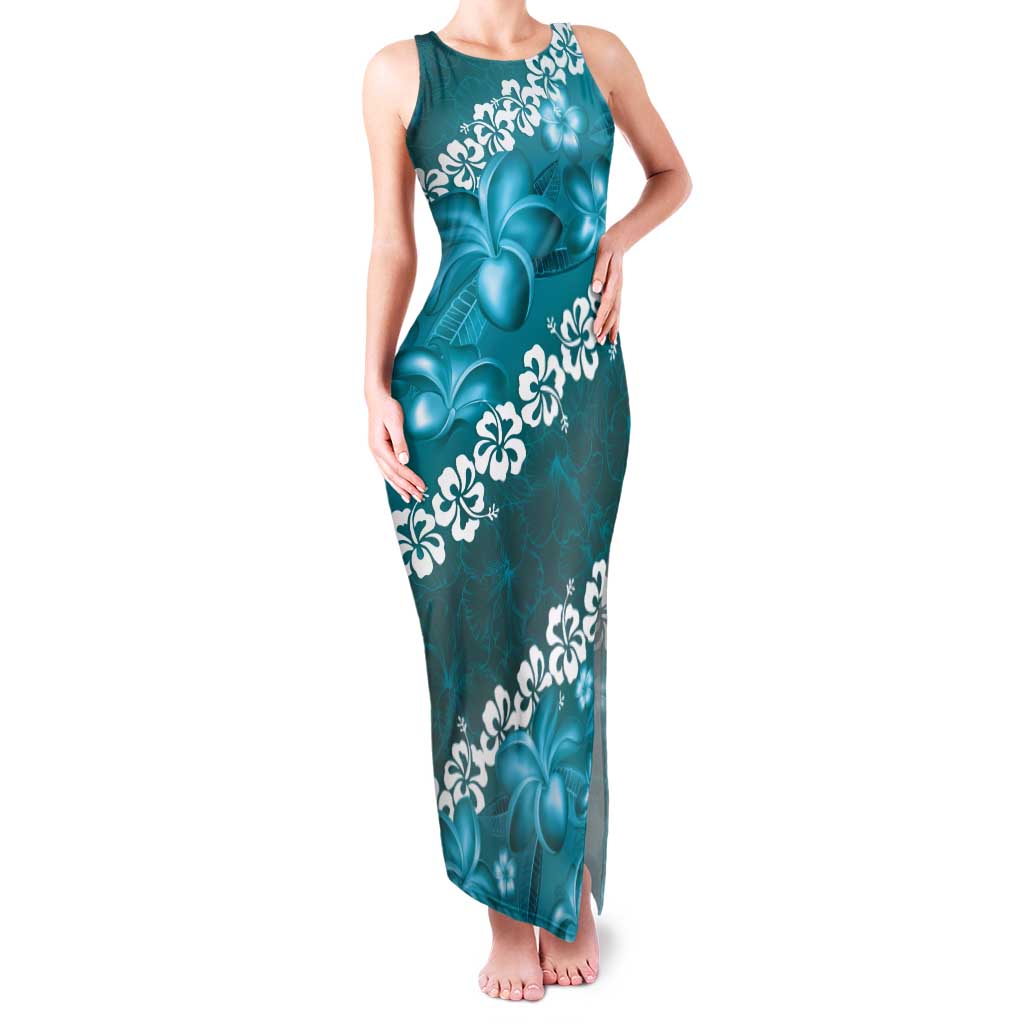 Vintage Dark Cyan Polynesia Family Matching Tank Maxi Dress and Hawaiian Shirt Plumeria With Hibiscus Tropical Vibes LT14 Mom's Dress Dark Cyan - Polynesian Pride