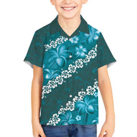 Vintage Dark Cyan Polynesia Family Matching Tank Maxi Dress and Hawaiian Shirt Plumeria With Hibiscus Tropical Vibes LT14 Son's Shirt Dark Cyan - Polynesian Pride