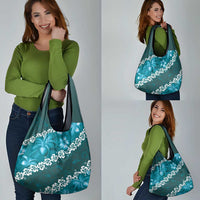 Vintage Dark Cyan Polynesia Grocery Bag Plumeria With Hibiscus Tropical Vibes