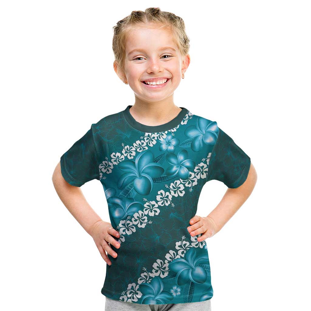 Vintage Dark Cyan Polynesia Kid T Shirt Plumeria With Hibiscus Tropical Vibes