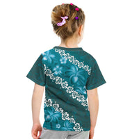 Vintage Dark Cyan Polynesia Kid T Shirt Plumeria With Hibiscus Tropical Vibes
