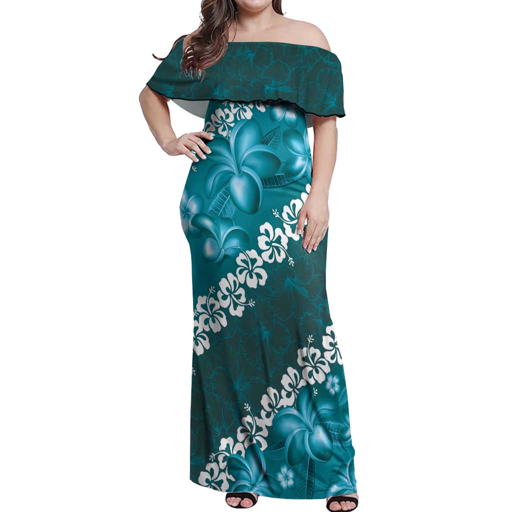 Vintage Dark Cyan Polynesia Off Shoulder Maxi Dress Plumeria With Hibiscus Tropical Vibes