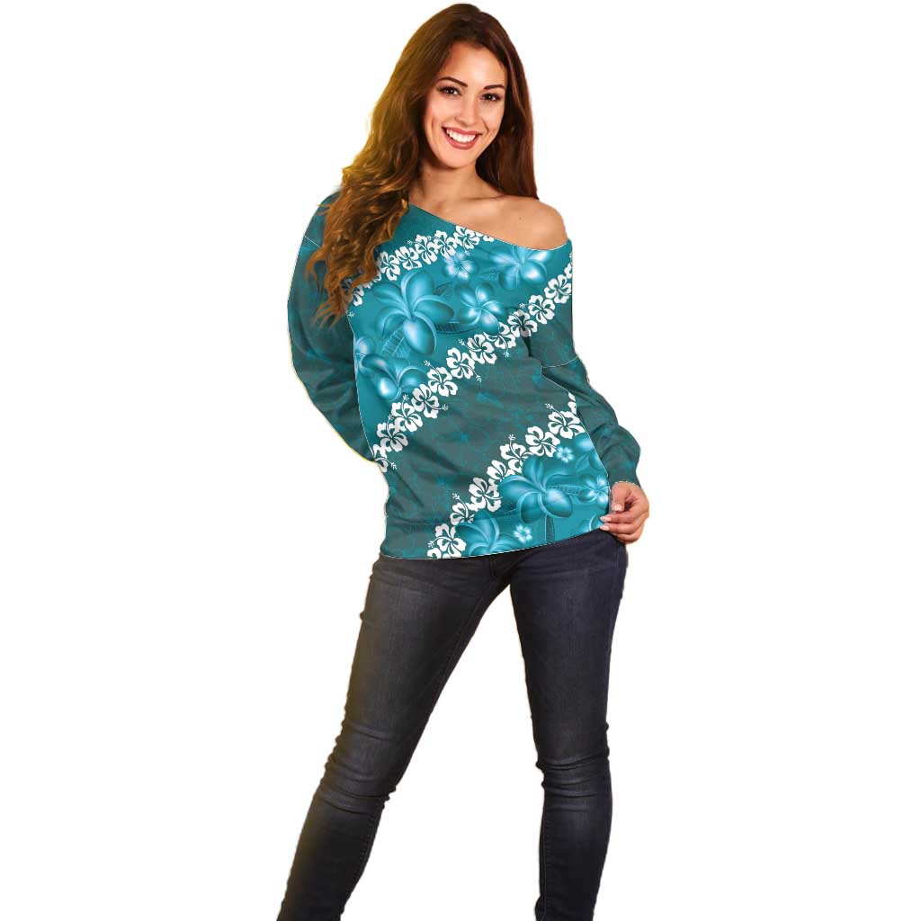 Vintage Dark Cyan Polynesia Off Shoulder Sweater Plumeria With Hibiscus Tropical Vibes