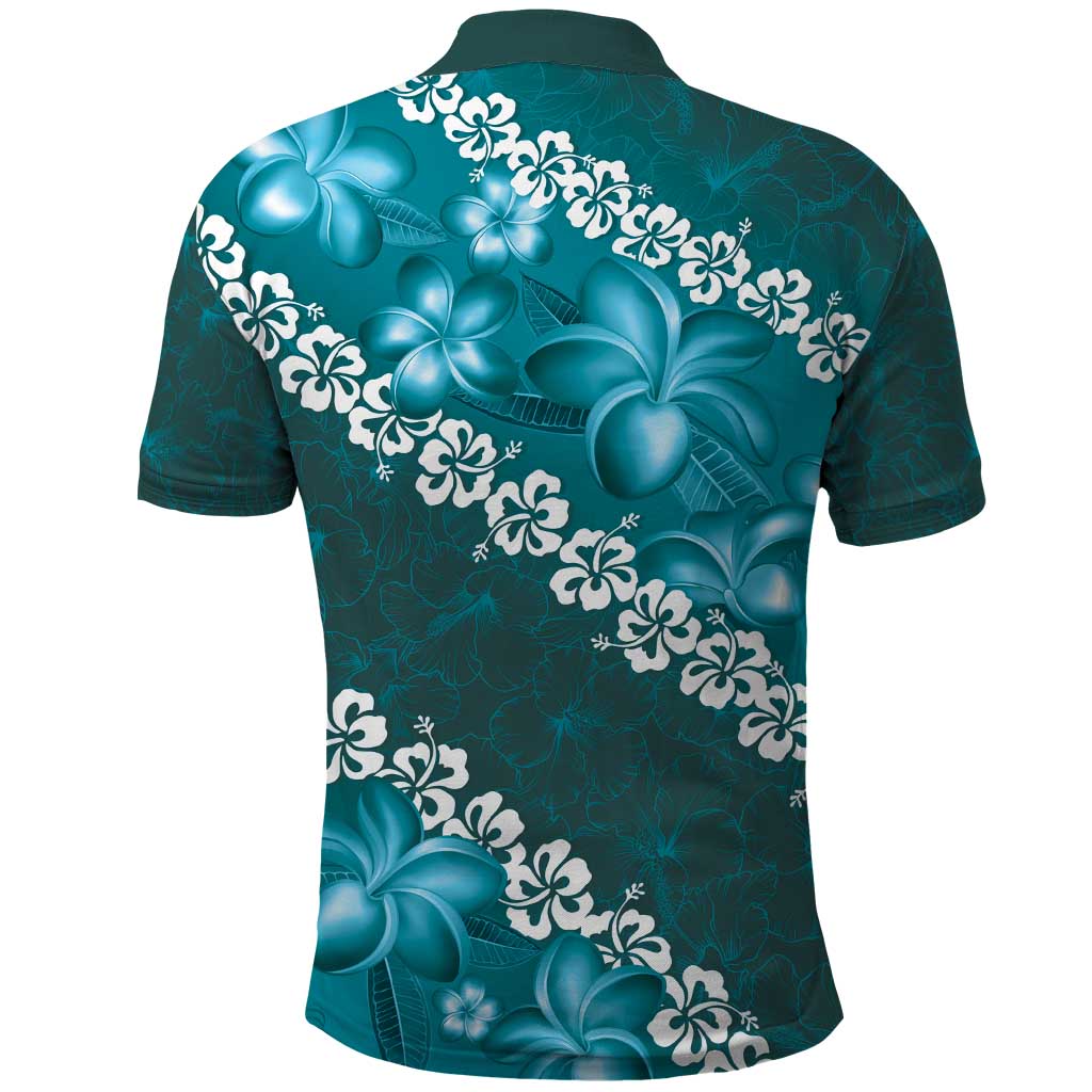 Vintage Dark Cyan Polynesia Polo Shirt Plumeria With Hibiscus Tropical Vibes