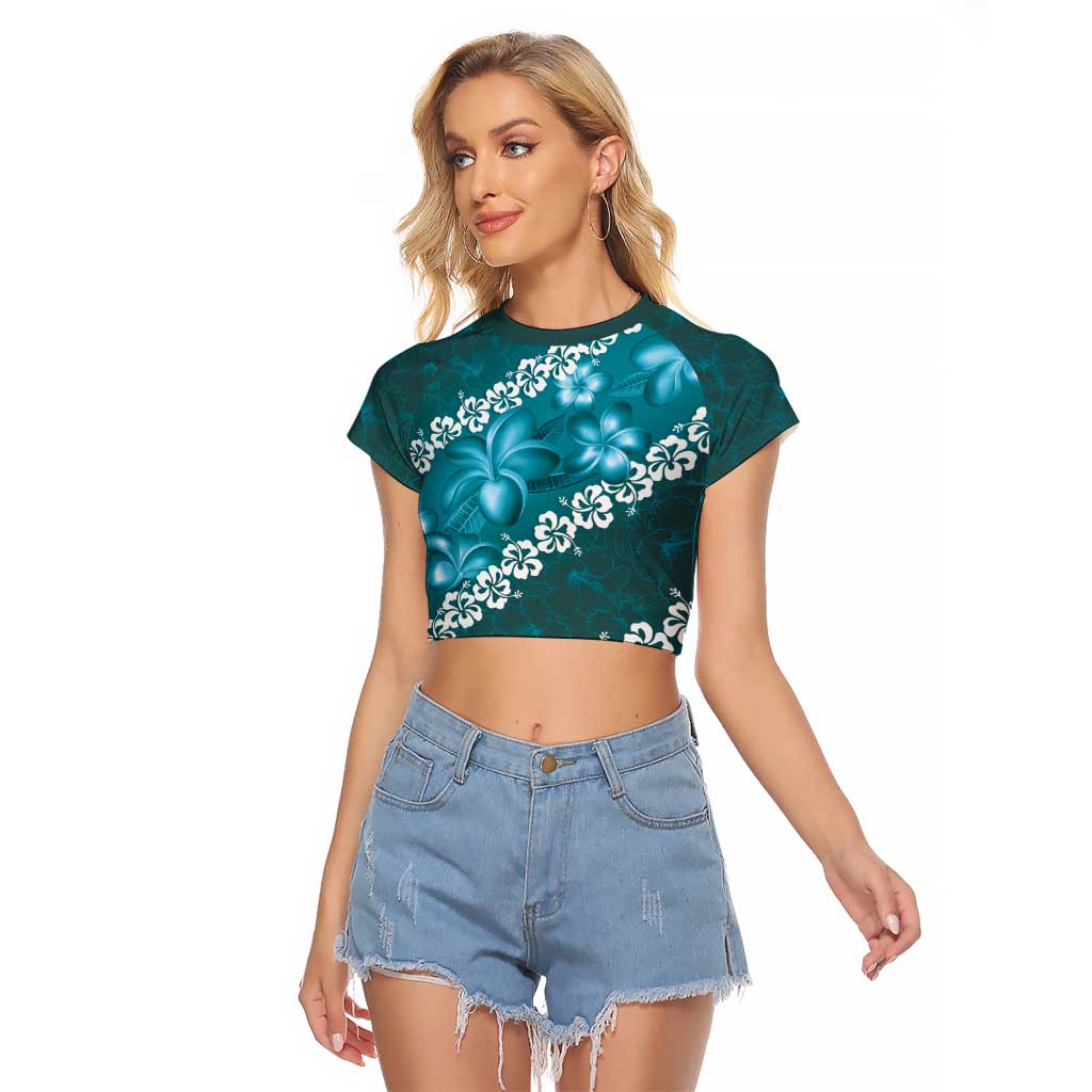 Vintage Dark Cyan Polynesia Raglan Cropped T Shirt Plumeria With Hibiscus Tropical Vibes