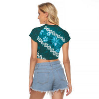 Vintage Dark Cyan Polynesia Raglan Cropped T Shirt Plumeria With Hibiscus Tropical Vibes