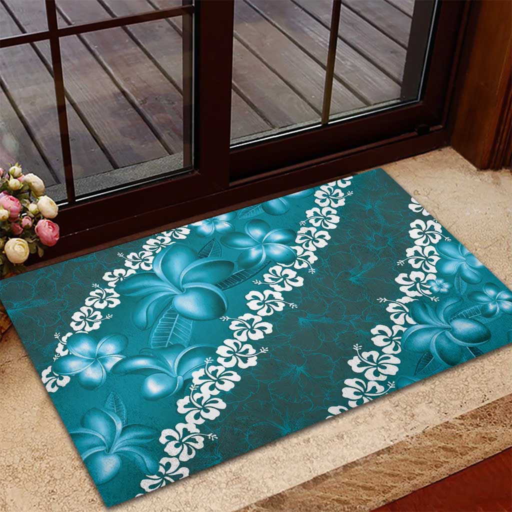 Vintage Dark Cyan Polynesia Rubber Doormat Plumeria With Hibiscus Tropical Vibes
