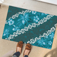 Vintage Dark Cyan Polynesia Rubber Doormat Plumeria With Hibiscus Tropical Vibes
