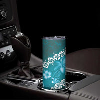 Vintage Dark Cyan Polynesia Skinny Tumbler Plumeria With Hibiscus Tropical Vibes