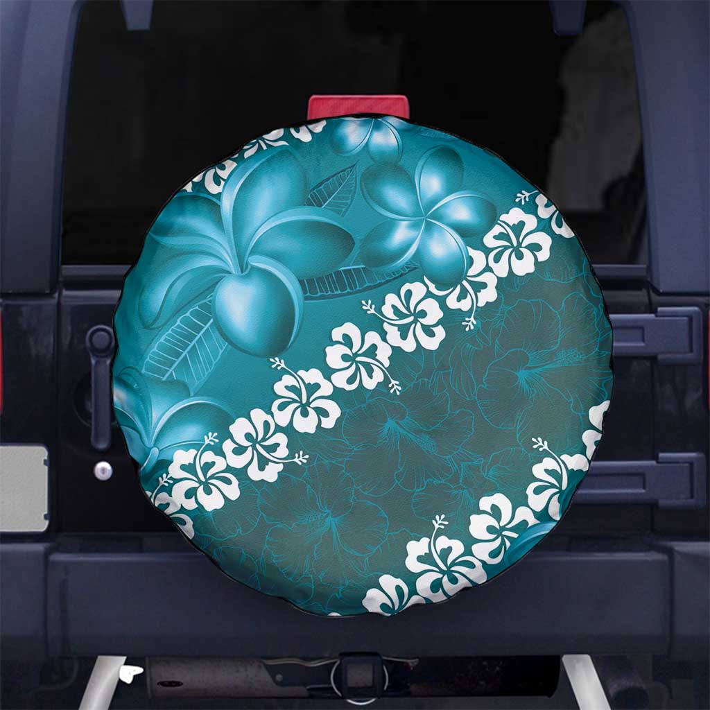 Vintage Dark Cyan Polynesia Spare Tire Cover Plumeria With Hibiscus Tropical Vibes
