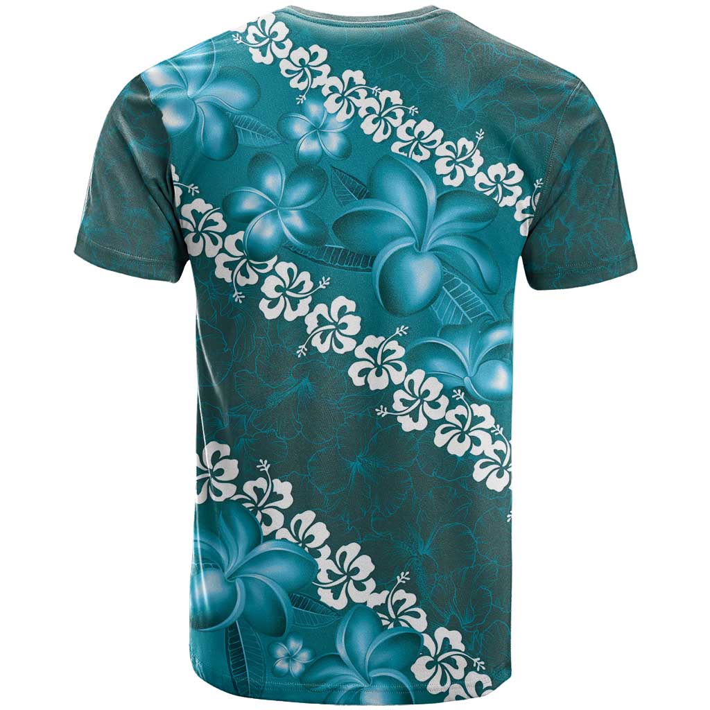 Vintage Dark Cyan Polynesia T Shirt Plumeria With Hibiscus Tropical Vibes
