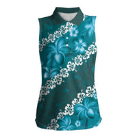 Vintage Dark Cyan Polynesia Women Sleeveless Polo Shirt Plumeria With Hibiscus Tropical Vibes