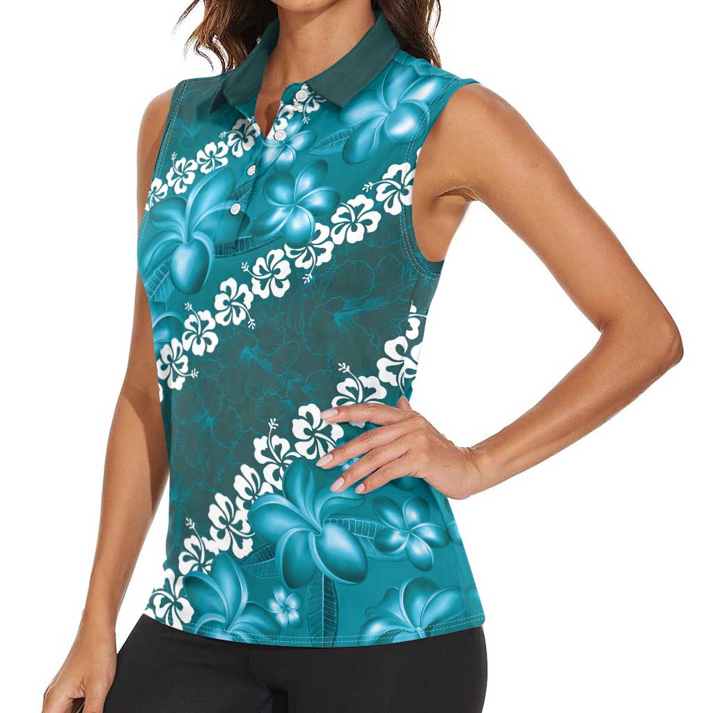 Vintage Dark Cyan Polynesia Women Sleeveless Polo Shirt Plumeria With Hibiscus Tropical Vibes