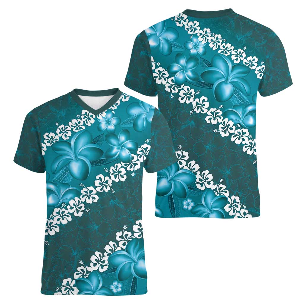 Vintage Dark Cyan Polynesia Women V-Neck T-Shirt Plumeria With Hibiscus Tropical Vibes
