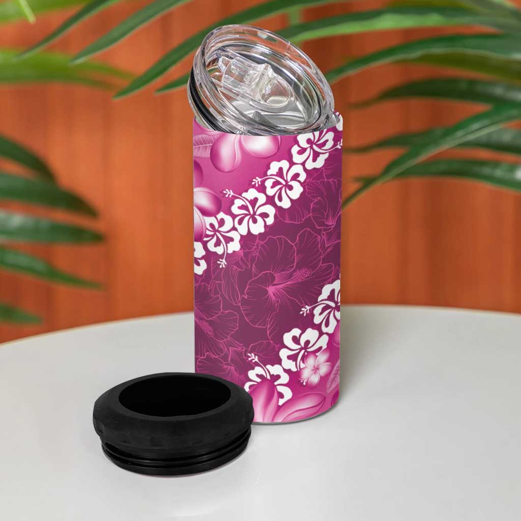 Vintage Pink Polynesia 4 in 1 Can Cooler Tumbler Plumeria With Hibiscus Tropical Vibes