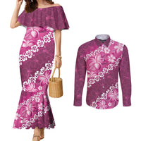 Vintage Pink Polynesia Couples Matching Mermaid Dress and Long Sleeve Button Shirt Plumeria With Hibiscus Tropical Vibes