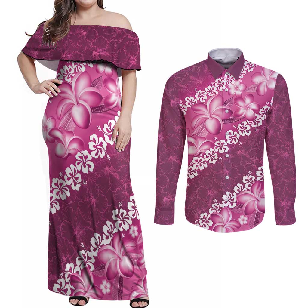 Vintage Pink Polynesia Couples Matching Off Shoulder Maxi Dress and Long Sleeve Button Shirt Plumeria With Hibiscus Tropical Vibes